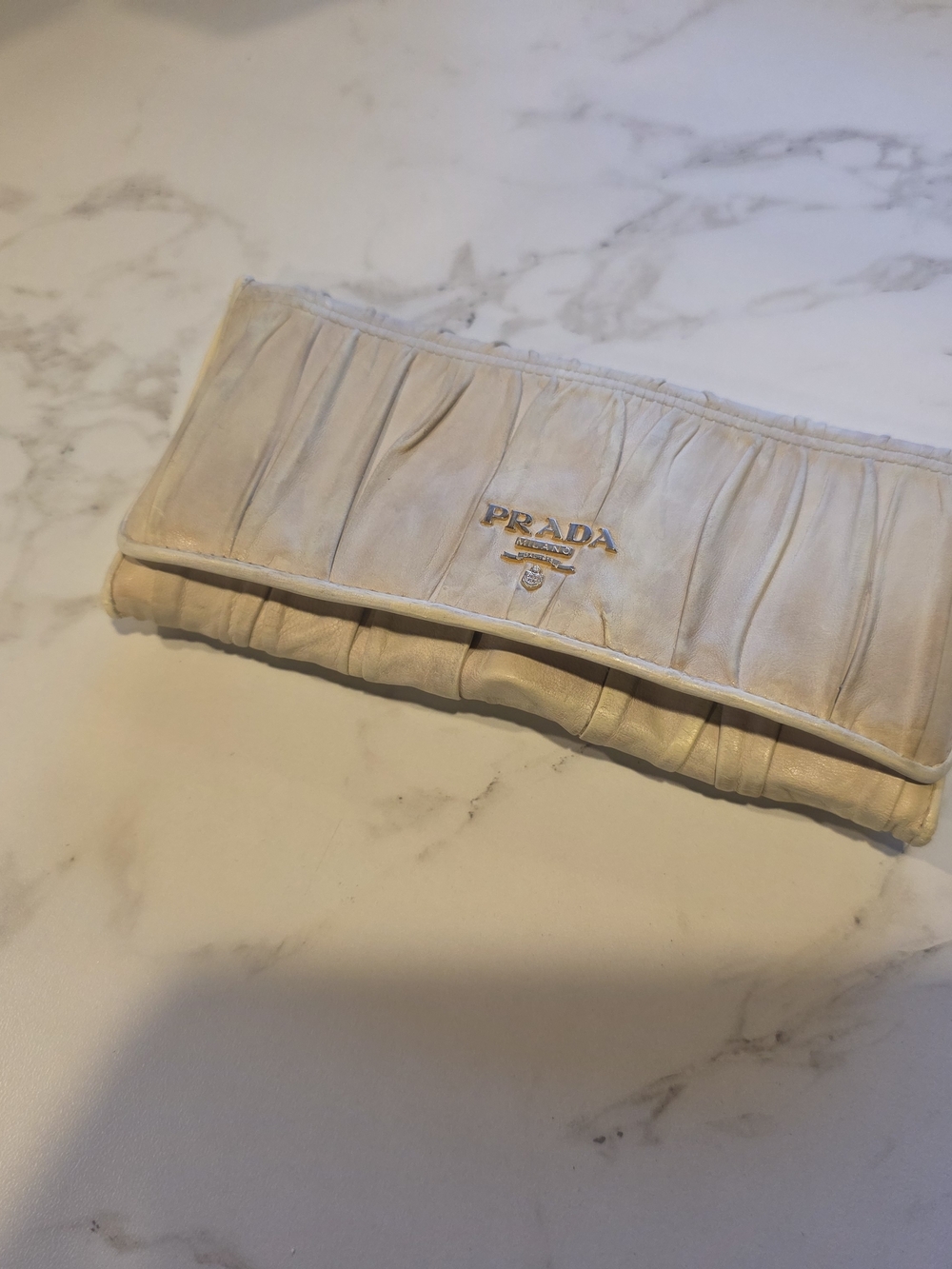 Prada Cream Leather Pleated Clutch